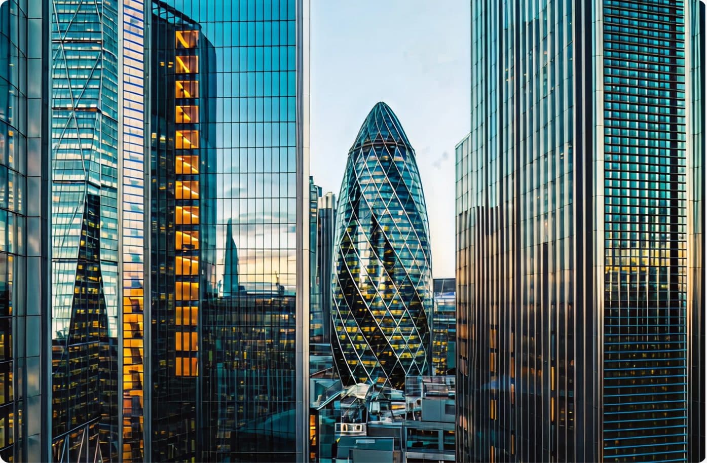 Financial district towers at dusk