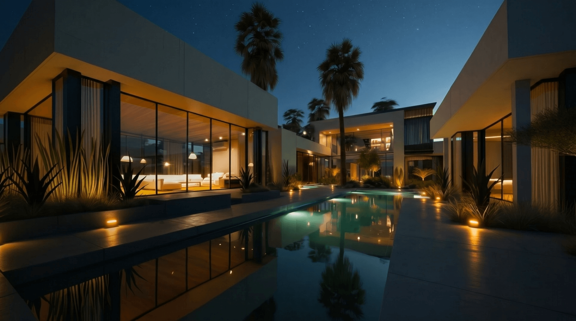 Luxury waterfront villa at dusk — Miland Gulf